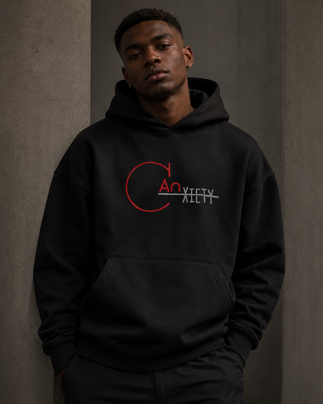 CANxiety Signature Hoodie worn by a model in a premium black heavyweight streetwear fit
